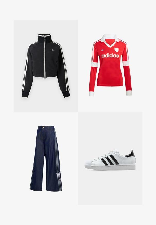 Mustast lühike lukuga jakk kõrge kraega, valgete triipudega varrukatel ja väikese valge Adidas logoga vasakul rinnal.; Punane pikade varrukatega jalgpallipluus valge krae ja varrukateotstega. Omab kolme valget triipu õlgadel ja väljapaistvat "adidas" logo.; Tumesinised laiade säärtega teksapüksid hallide küljeribadega, nööpidega kinnitatavad, esitaskutega ja Adidas logo plastri vasakul säärel.; Valged tennisetossud mustade lakknahast aksentidega, kolm musta triipu ja kummine varbakaitse. Omab valgeid paelu ja siledat tekstuuriga pealispinda.