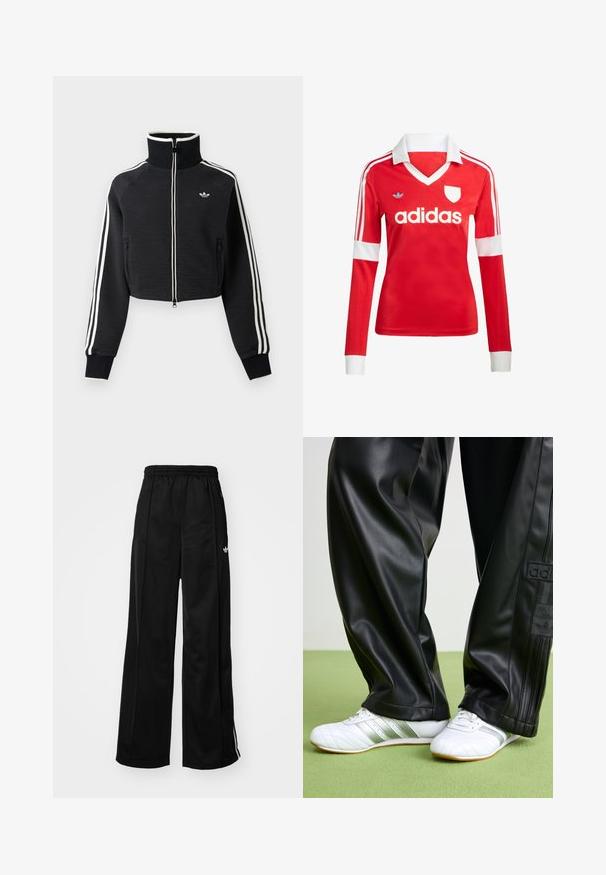 Sort cropped lynlåsjakke med høj krave, hvide striber langs ærmerne og lille hvid Adidas-logo på venstre bryst.; Rød langærmet fodboldtrøje med hvid krave og manchetter. Har tre hvide striber på skuldrene og "adidas" logoet fremtrædende vist.; Sorte brede træningsbukser med elastisk talje, prydet med hvide side-striber og et lille logo på venstre hofte. Glat stofstruktur.; Sorte faux leather bukser med en løs pasform, der har en glat overflade og sidelister. Sammen med hvide sneakers med sølvdetaljer.