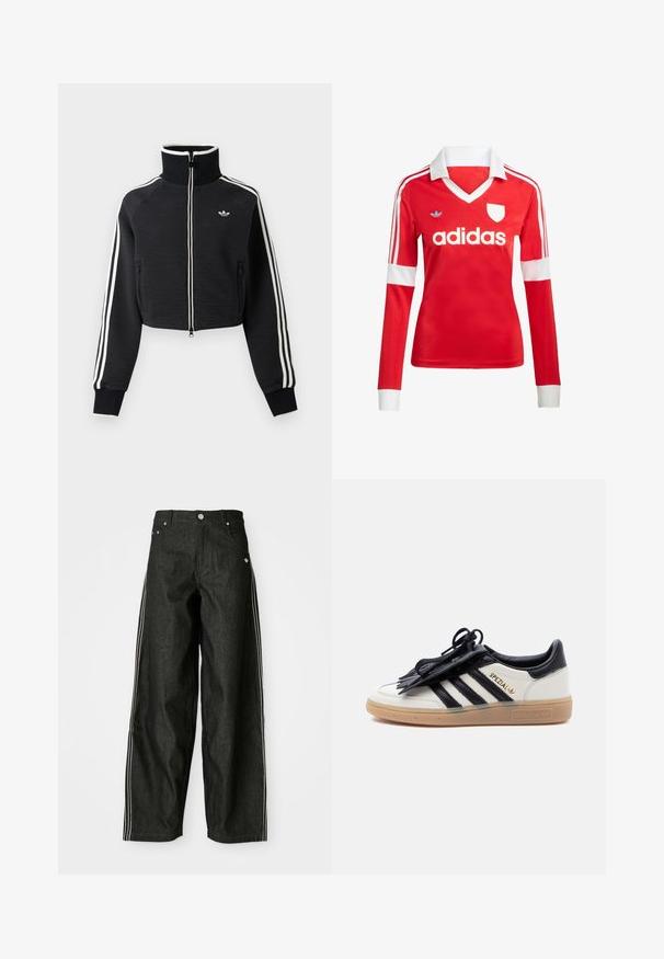 Schwarze, kurze Reißverschlussjacke mit hohem Kragen, weißen Streifen an den Ärmeln und kleinem weißem Adidas-Logo auf der linken Brust.; Rotes Fußballtrikot mit langen Ärmeln, weißem Kragen und weißen Ärmelbündchen. Es hat drei weiße Streifen auf den Schultern und das "adidas"-Logo ist auffällig platziert.; Schwarze Denim-weit geschnittene Hose mit weißen Seitestreifen, vorne mit Taschen, einem Knopfverschluss und einem dezenten Logo in der Nähe des Bundes.; Weißer und schwarzer Adidas Spezial Sneaker mit Gummisohle, schwarzen Streifen und schwarzer Schnürsenkelabdeckung auf einfarbig hellem Hintergrund.