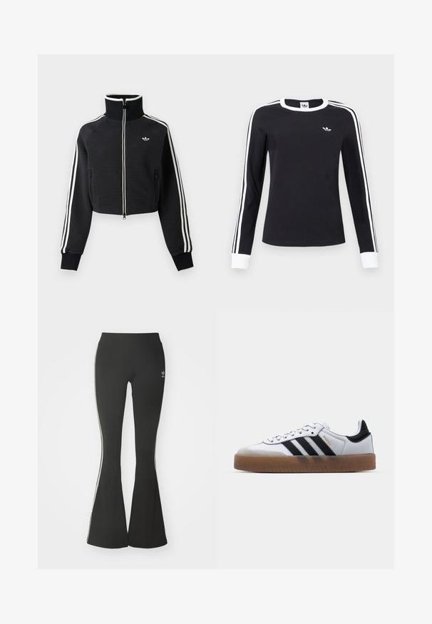 Schwarze, kurze Reißverschlussjacke mit hohem Kragen, weißen Streifen an den Ärmeln und kleinem weißem Adidas-Logo auf der linken Brust.; Schwarzes Langarmshirt mit weißem Kragen und Manschetten, weißen Streifen entlang der Ärmel und kleinem weißen Adidas-Logo auf der linken Brust.; Schwarze ausgestellte Leggings aus Stretchmaterial mit hohem Bund und weißen Seitenstreifen. Inklusive kleinem Logo am Bund.; Weiße Leder Sneakers mit schwarzen Streifen, Gummigummi-Außensohle, runder Zehenform, Schnürverschluss und weichem grauem Wildleder-Zehenkappe.