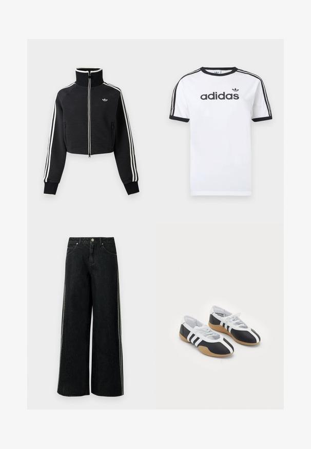 Sort cropped lynlåsjakke med høj krave, hvide striber langs ærmerne og lille hvid Adidas-logo på venstre bryst.; Hvid bomulds-T-shirt med sorte detaljer, har rundt halsudskæring, korte ærmer, tre sorte striber på skuldrene og adidas-logo i sort.; Sorte vidde denimjeans med sidelommer, forlommer, bæltestropper og en metal lynlås ved taljen.; Sort-hvide sportsko med et slankt design, gummisål, snørebåndslukning og tre hvide striber på siden.