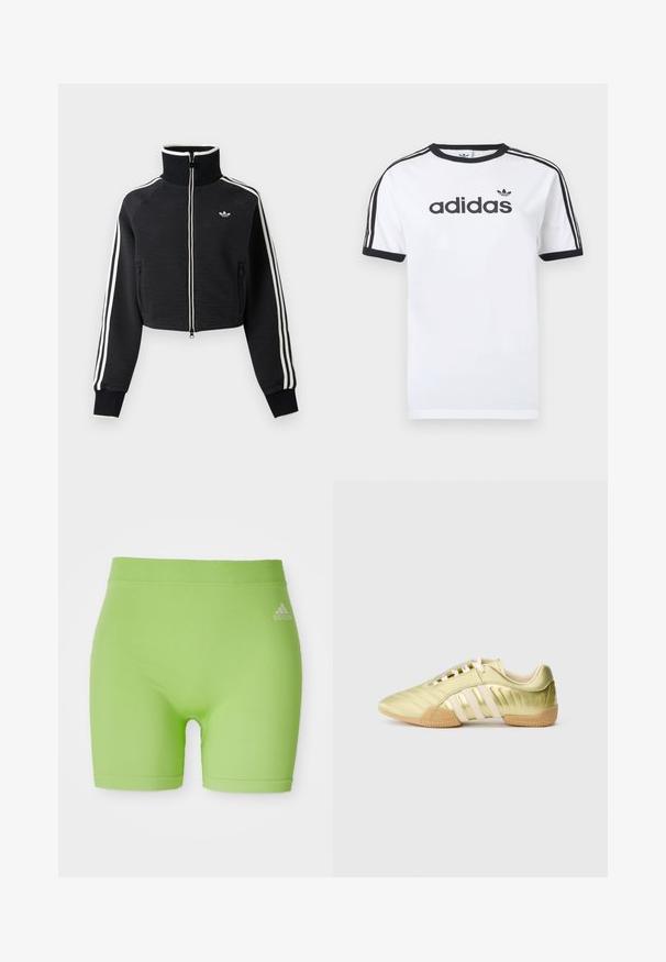 Čierna krátka bunda na zips s vysokým golierom, bielymi pruhmi na rukávoch a malým bielym logom Adidas na ľavej strane hrude.; Biele bavlnené tričko s čiernymi akcentmi, so zapínaním okolo krku, krátkymi rukávmi, tromi čiernymi pruhmi na ramenách a čiernym logom „adidas“.; Zelené atletické šortky vyrobené z elastického materiálu, s stredne vysokým pásom a logom Adidas na pravej prednej strane.; Syntetická športová obuv v limetkovo zelenej farbe s hladkým povrchom, vybavená tromi bielymi pruhmi, mäkkou vnútornou výstelkou a texturovanou gumovou podrážkou.