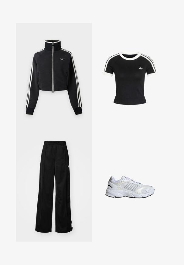 Chaqueta negra corta con cremallera, cuello alto, rayas blancas a lo largo de las mangas y pequeño logo blanco de Adidas en el pecho izquierdo.; Top de punto negro de manga corta con cuello redondo blanco, puños en las mangas y dos rayas blancas en los hombros, con un pequeño logo trefoil de Adidas en el pecho.; Pantalones de chándal negros de pierna ancha con cinturilla elástica, que cuentan con rayas laterales blancas y un pequeño logo en la cadera izquierda. Textura de tela suave.; Zapato deportivo blanco con malla transpirable y materiales sintéticos, tres franjas plateadas, suela de caucho texturizada y cuello acolchado.