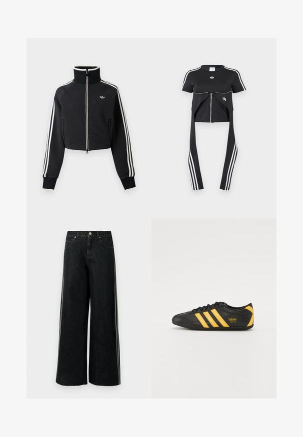 Zwarte cropped jas met rits en hoge kraag, witte strepen langs de mouwen en klein wit Adidas-logo op de linkerborst.; Zwart kort mouwtopje met witte Adidas-strepen op de mouwen, ritssluiting aan de voorkant en langere stofpanelen die naar beneden hangen met drie witte strepen.; Zwarte denim jeans met wijde pijpen, zijstrepen, voorzakken, lussen voor een riem en een metalen knoopsluiting in de taille.; Zwarte leren sportschoen met geel drie-strepen ontwerp, ronde neus, zwarte veters en klein logo aan de zijkant. Laag profiel silhouet.