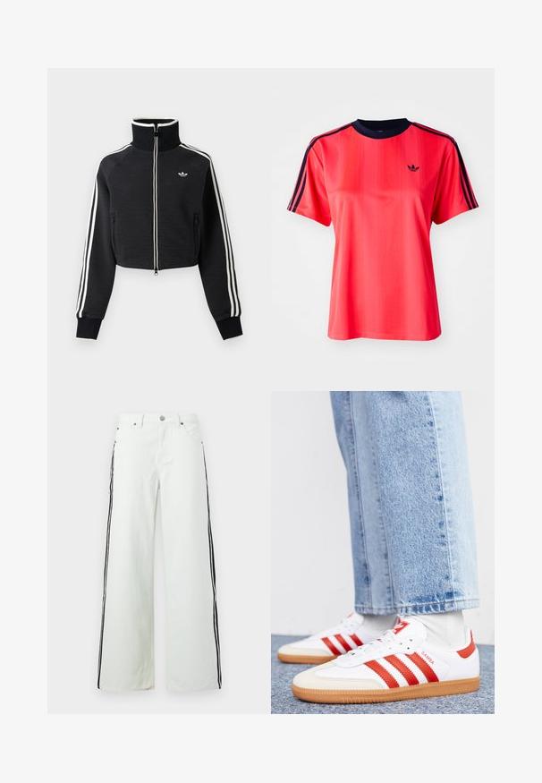 Schwarze, kurze Reißverschlussjacke mit hohem Kragen, weißen Streifen an den Ärmeln und kleinem weißem Adidas-Logo auf der linken Brust.; Rotes sportliches T-Shirt mit kurzen Ärmeln, das von vertikalen Streifen, einem marineblauen Rundhalsausschnitt und einem kleinen schwarzen Logo auf der Vorderseite geprägt ist.; Weit geschnittene Jeans aus hellgrünem Denim mit schwarzen Seitenstreifen. Fünf-Taschen-Design mit Metallbeschlägen und einem Knopfverschluss in der Taille.; Weiße Leder Sneaker mit roten Streifen und Akzenten. Verfügt über eine strukturierte Gummi-Laufsohle und einen gepolsterten Schaft. Tragen mit hellblauer Jeans.