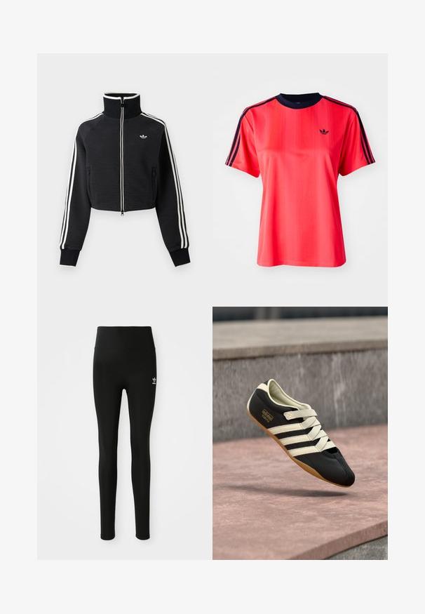 Schwarze, kurze Reißverschlussjacke mit hohem Kragen, weißen Streifen an den Ärmeln und kleinem weißem Adidas-Logo auf der linken Brust.; Rotes sportliches T-Shirt mit kurzen Ärmeln, das von vertikalen Streifen, einem marineblauen Rundhalsausschnitt und einem kleinen schwarzen Logo auf der Vorderseite geprägt ist.; Schwarze Leggings aus dehnbarem Material mit hohem Bund, ausgestattet mit einem kleinen weißen Adidas-Logo am linken Bein. Glatte Textur.; Schwarzer Sportschuh mit cremefarbenen Streifen und Schnürsenkeln, mit niedrigem Profil, glatter Textur und einer Gummisohle für guten Halt. Markenlabel sichtbar.
