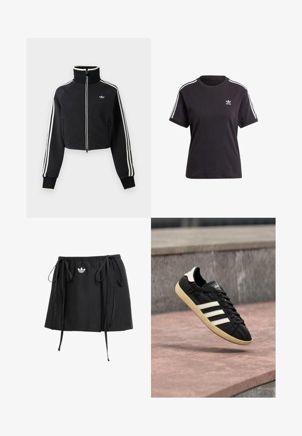 Zwarte cropped jas met rits en hoge kraag, witte strepen langs de mouwen en klein wit Adidas-logo op de linkerborst.; Zwart katoenen t-shirt met korte mouwen en ronde hals, met witte strepen op de schouders en een klein wit Adidas-logo op de borst.; Zwarte sport rok met verstelbare trekkoorden, met een klein wit logo aan de voorkant. Gemaakt van lichtgewicht stof met een zachte textuur.; Zwarte Adidas sneaker met witte strepen en beige zool, vastgelegd in de lucht boven een stenen oppervlak en een stenen muur op de achtergrond.