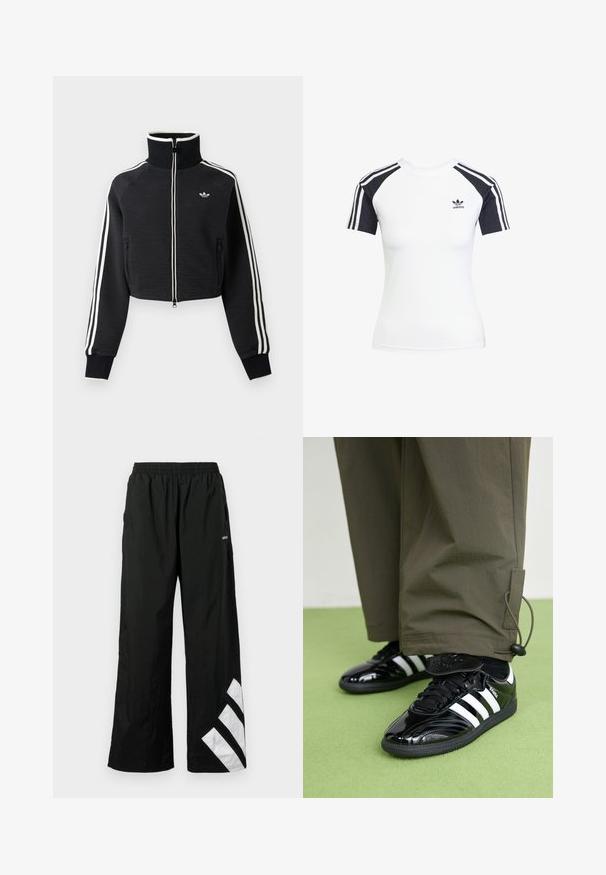 Chaqueta negra corta con cremallera, cuello alto, rayas blancas a lo largo de las mangas y pequeño logo blanco de Adidas en el pecho izquierdo.; Camiseta blanca de manga corta con mangas raglán negras. Presenta tres franjas negras en los hombros y un pequeño logo negro de Adidas en el pecho.; Pantalones negros de pierna ancha hechos de material ligero, con una cintura elástica y un diseño de línea diagonal blanca en la pierna izquierda.; Zapatillas de charol negro con tres rayas blancas, cordones negros y suela texturizada negra, combinadas con pantalones verde oliva.