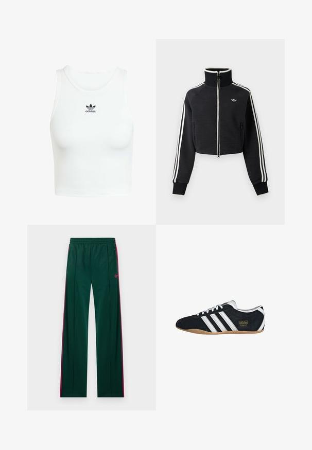Čierna krátka bunda na zips s vysokým golierom, bielymi pruhmi na rukávoch a malým bielym logom Adidas na ľavej strane hrude.; Biely bavlnený top bez rukávov s priliehavou rebrovanou textúrou, okrúhlym výstrihom a vyšívaným čiernym logom Adidas na prednej strane.; Tmavozelené tepláky s ružovými pruhmi po stranách, vreckami na zips, elastickým pásom a malým ružovým logom Adidas na pravej strane.; Čierne semišové tenisky s bielymi tromi pruhmi, zlatým logom a hnedou gumovou podrážkou. Disponujú nízkym šnurovacím dizajnom.