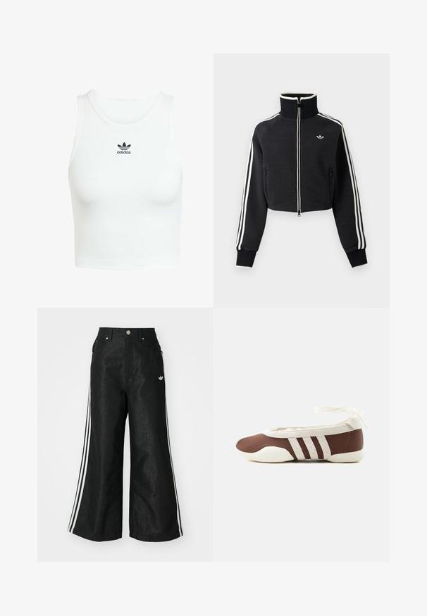 Chaqueta negra corta con cremallera, cuello alto, rayas blancas a lo largo de las mangas y pequeño logo blanco de Adidas en el pecho izquierdo.; Camiseta sin mangas de algodón blanca con una textura de canalé ajustada, escote redondo y logo de Adidas bordado en negro en la parte frontal.; Pantalones de denim anchos y negros con tres franjas blancas en cada lado y un pequeño logo blanco. Cuenta con bolsillos frontales y un cierre de botón.; Zapato plano de ballet marrón y blanco con tres franjas blancas y lazo para atar en el tobillo sobre un fondo claro y sencillo.