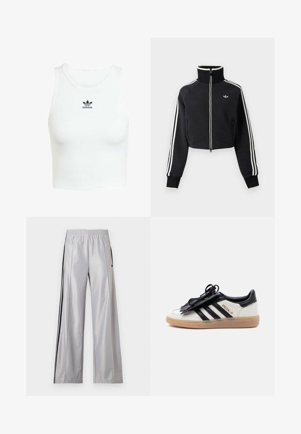Zwarte cropped jas met rits en hoge kraag, witte strepen langs de mouwen en klein wit Adidas-logo op de linkerborst.; Witte katoenen tanktop met een aansluitende ribbelstructuur, ronde halslijn en geborduurd zwart Adidas-logo op de voorkant.; Lichtgrijze Adidas trainingsbroek met een elastische tailleband, zwarte strepen aan de zijkant en een klein zwart Adidas-logo op de linker dij.; Witte en zwarte Adidas Spezial sneaker met een gumzool, zwarte strepen en een zwarte veterhoes op een effen lichte achtergrond.
