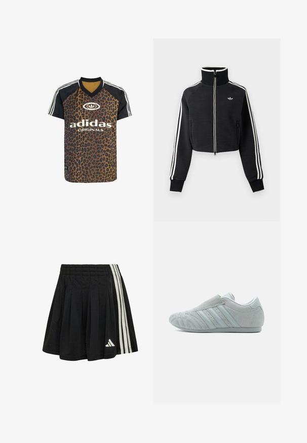 Sort cropped lynlåsjakke med høj krave, hvide striber langs ærmerne og lille hvid Adidas-logo på venstre bryst.; adidas Originals LEO PRINT SATIN - T-shirts print - multicolor bronze strata; Sort plisseret sportsnederdel med hvide sidelister og elastik i taljen, med et lille hvidt trekantet logo nær kanten.; Grå ruskind slip-on sneaker med tekstureret overflade, der har tre laterale striber og rundet tå. Gummisål med minimalt design.