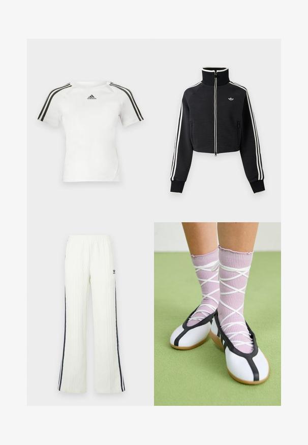 Schwarze, kurze Reißverschlussjacke mit hohem Kragen, weißen Streifen an den Ärmeln und kleinem weißem Adidas-Logo auf der linken Brust.; Weißes kurzärmliges Sportshirt mit schwarzem Dreistrich-Design auf den Schultern, glatter Textur und kleinem schwarzen adidas-Logo auf der Brust.; Helle cremefarbene Strickhose mit Zopfmuster und ausgestelltem Schnitt. Verfügt über dunkelblaue Seitenstreifen und ein Adidas-Logo an der Hüfte. Elastischer Bund.; Beine mit gerippten lavendelfarbenen Socken mit weißen überkreuzten Riemen, kombiniert mit weißen Ballettschuhen mit schwarzem Rand auf grünem Boden.
