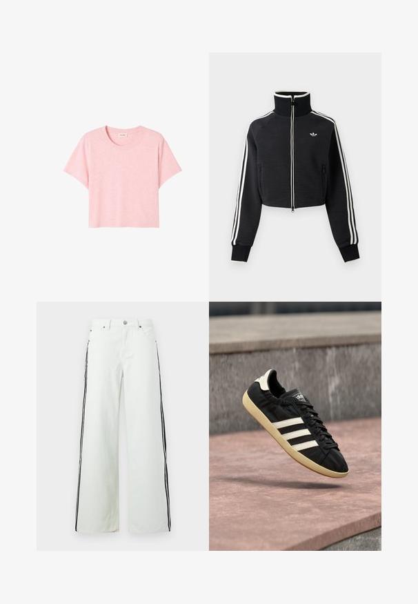 Chaqueta negra corta con cremallera, cuello alto, rayas blancas a lo largo de las mangas y pequeño logo blanco de Adidas en el pecho izquierdo.; Camiseta rosa de manga corta hecha de una tela suave, con un escote redondo y un corte holgado con una ligera textura jaspeada.; Jeans de pernera ancha en denim verde claro con franjas negras en los laterales. Diseño de cinco bolsillos con herrajes metálicos y cierre de botón en la cintura.; Zapatilla negra Adidas con rayas blancas y suela beige, capturada en el aire sobre una superficie de piedra y con fondo de muro de piedra.