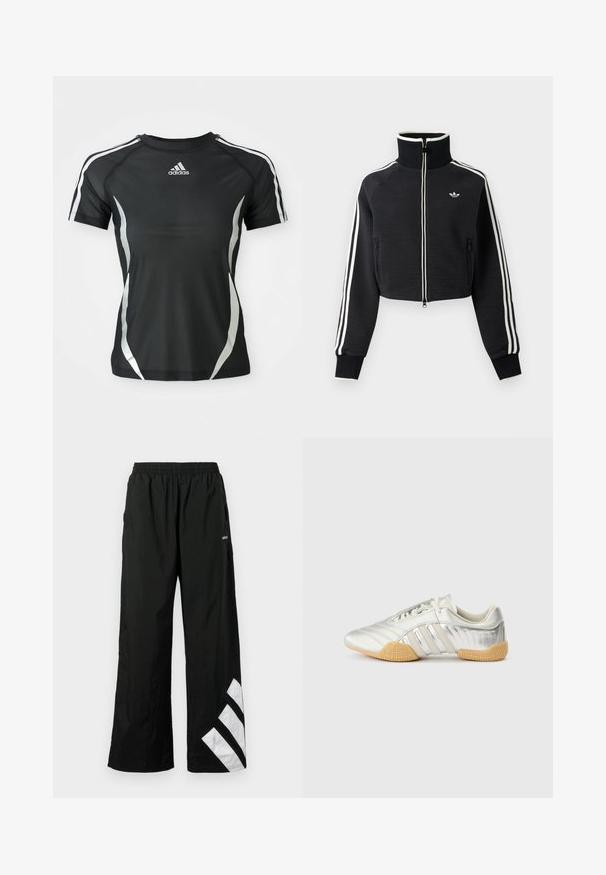 Sort cropped lynlåsjakke med høj krave, hvide striber langs ærmerne og lille hvid Adidas-logo på venstre bryst.; Sort Adidas atletisk T-shirt med korte ærmer, hvide striber på skuldrene og sølvfarvede buede detaljer på siderne.; Sorte vidde bukser i let materiale med elastik i taljen og et hvidt diagonalt stribedesign på venstre ben.; Sølvfarvet sportssko med en glat læderoverdel, gummisål og teksturerede detaljer. Har et buet design og tonede snørebånd.