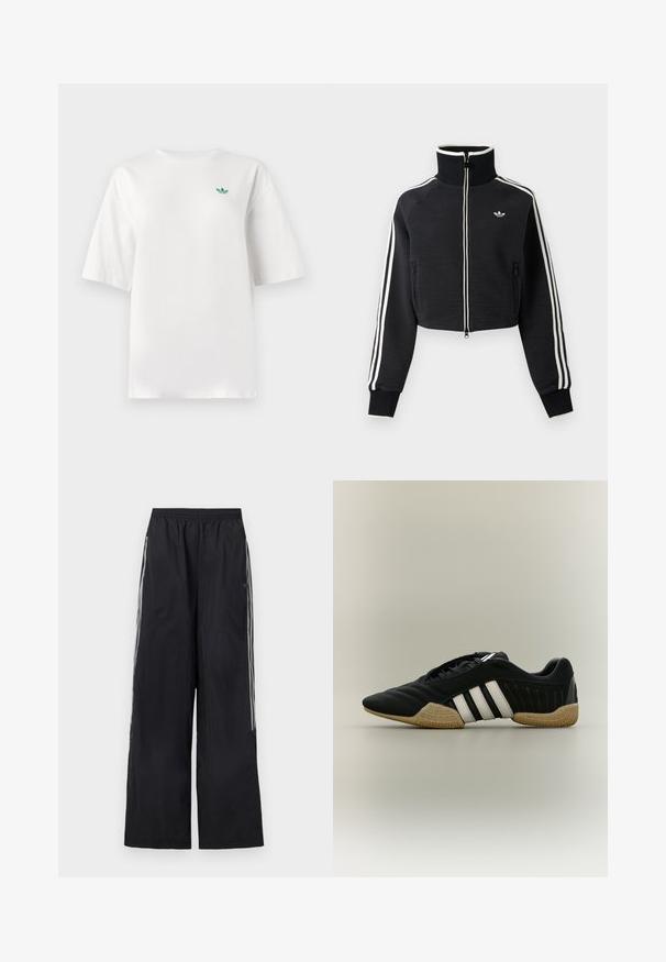 Čierna krátka bunda na zips s vysokým golierom, bielymi pruhmi na rukávoch a malým bielym logom Adidas na ľavej strane hrude.; Biela tričko vyrobené z bavlny, s krátkymi rukávmi a okrúhlym výstrihom. Malé zelené logo je umiestnené na ľavej strane hrudníka.; Čierne široké teplákové nohavice s elastickým pásom a tromi bielymi pruhmi na boku každej nohavice.; Čierna športová obuv s bielymi pruhmi a béžovou textúrovanou podrážkou na neutrálom pozadí, zobrazená zo strany.