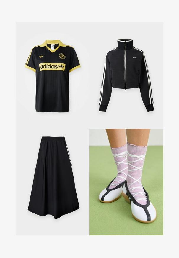 Čierna krátka bunda na zips s vysokým golierom, bielymi pruhmi na rukávoch a malým bielym logom Adidas na ľavej strane hrude.; Čierny športový dres s žltými akcentmi, s pruhovaným dizajnom, v golieri vo forme písmena V a s logom adidas zreteľne zobrazeným na hrudi.; Čierne nohavice s širokými nohavicami, elastickým pásom a bielymi bočnými pruhmi, zobrazené na jednoduchom bielom pozadí.; Nohy v rebrovaných levanduľových ponožkách s bielymi krížovými pásmi v kombinácii s bielymi baletnými papučkami s čiernym lemom na zelenej podlahe.