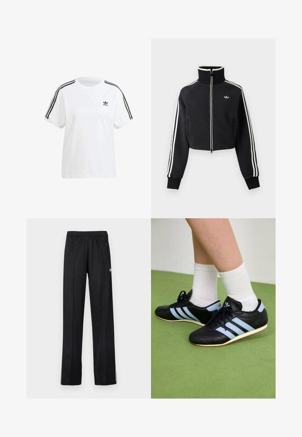 Schwarze, kurze Reißverschlussjacke mit hohem Kragen, weißen Streifen an den Ärmeln und kleinem weißem Adidas-Logo auf der linken Brust.; Weißes Baumwoll-T-Shirt mit kurzen Ärmeln, Rundhalsausschnitt und schwarzen vertikalen Streifen an den Schultern, mit einem kleinen schwarzen Logo auf der Brust.; Schwarze sportliche Jogginghosen mit elastischem Bund, seitlichen Reißverschlusstaschen, weißen Streifen an den unteren Beinen und einem kleinen weißen Logo an der Seite.; Schwarze Leder-Sportschuhe mit hellblauen Streifen, strukturierten Obermaterialien und Gummisohlen, kombiniert mit weißen gerippten Socken auf grünem Boden.