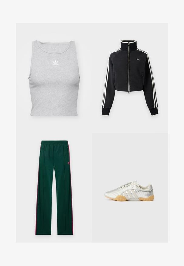 Schwarze, kurze Reißverschlussjacke mit hohem Kragen, weißen Streifen an den Ärmeln und kleinem weißem Adidas-Logo auf der linken Brust.; Graues, ärmelloses Crop-Top aus weichem Stoff, mit Rundhalsausschnitt und kleinem weißen Adidas-Logo auf der Brust.; Dunkelgrüne Jogginghosen mit pinken Seitenstreifen, Reißverschlusstaschen, elastischem Bund und kleinem pinkfarbenem Adidas-Logo auf der rechten Seite.; Silberner Sportschuh mit glattem Lederobermaterial, Gummisohle und strukturierten Akzenten. Verfügt über ein geschwungenes Design und tonale Schnürsenkel.