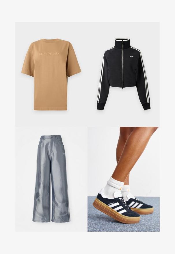 Mustast lühike lukuga jakk kõrge kraega, valgete triipudega varrukatel ja väikese valge Adidas logoga vasakul rinnal.; Pruun puuvillane T-särk lühikeste varrukatega ja ümmarguse kaelusega. Omab tõstetud "adidas" logo ja kolmnurga embleemi sama tooni. ; Laiad püksid läikivast hallist materjalist, valgete külgtriipudega ja põlevate mustritega alumistes jalgades. Nööp ja lukku kinnitamine vööl.; Jalad valgete sokkide ja mustade Adidas Gazelle tossudega, millel on valged triibud ja paksud pruunid tallad, halli vaibaga põrandal.
