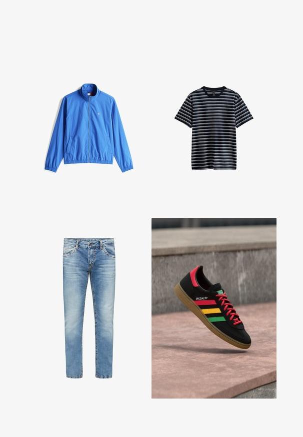 Veste coupe-vent bleu clair avec un col haut, fermeture éclair à l'avant, poignets élastiques et deux poches latérales. Fabriquée en tissu léger.; T-shirt bleu marine à rayures avec des rayures horizontales blanches, à manches courtes et à col rond. Fabriqué en tissu doux et léger.; Jeans en denim bleu clair avec une coupe droite, décoloration au niveau des cuisses et coutures contrastantes. Comprend cinq poches et une fermeture éclair.; Baskets Adidas Spezial noires avec des rayures rouges, jaunes et vertes, des lacets rouges, une semelle gomme et un détail rouge au talon, flottant au-dessus du trottoir.