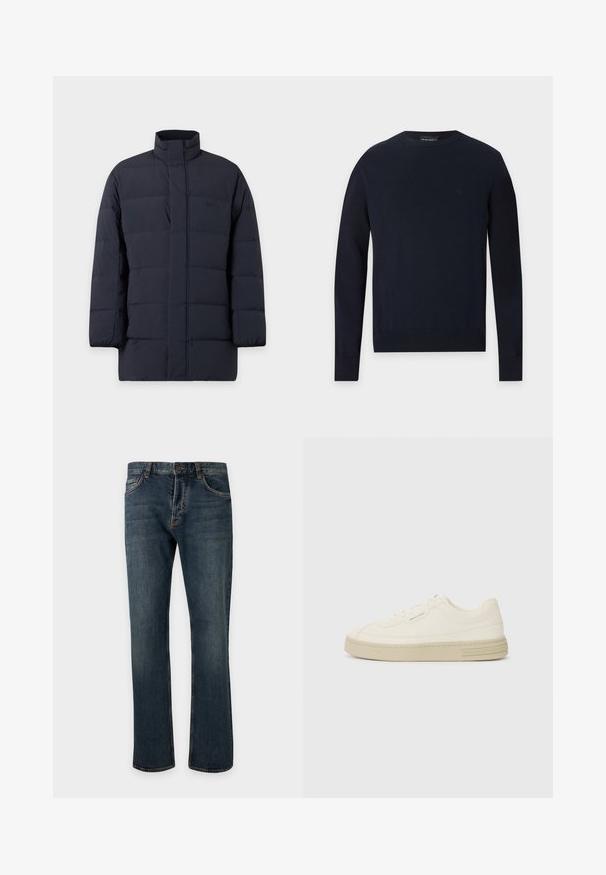 Dunkelmarineblauer, gesteppter Wintermantel mit hohem Kragen und Frontreißverschluss, entwickelt für Wärme und Schutz bei kaltem Wetter.; Marineblauer Pullover mit Rundhalsausschnitt, langen Ärmeln und gerippten Bündchen sowie Saum auf hellem grauem Hintergrund.; Dunkelblaue Straight-Leg-Denimjeans mit vorderem Knopf und Reißverschluss, Gürtelschlaufen und sichtbaren vorderen Taschen vor einem einfarbig hellen Hintergrund.; Weiße Leinen-Sneaker mit einer strukturierten Gummisohle, die eine gestickte Zehenkappe und ein Logo-Detail an der Ferse aufweisen. Einfaches Schnürdesign.