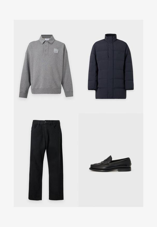 Manteau d’hiver matelassé bleu marine foncé avec col haut et fermeture éclair devant, conçu pour la chaleur et la protection contre le froid.; Sweat-shirt polo gris à manches longues avec trois boutons et un petit patch logo blanc "Maison Kitsuné" sur la poitrine gauche.; Jeans noirs en denim, dotés d'un design classique à cinq poches, coupe droite et fermeture à bouton. Texture lisse, sans motifs visibles.; Mocassin en cuir noir avec un détail tissé à l'avant, bout arrondi et petit talon. Texture lisse et design minimaliste.