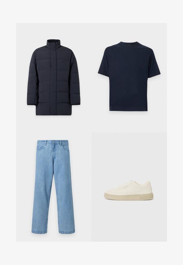 Donker marineblauwe gevoerde winterjas met hoge kraag en ritssluiting aan de voorkant, ontworpen voor warmte en bescherming tegen koude weersomstandigheden.; Marineblauw t-shirt met korte mouwen en ronde hals, met een subtiel gestructureerd honingraatpatroon op een effen lichte achtergrond.; Lichtblauwe denim jeans met rechte pijpen, steekzakken aan de voorkant, riemlussen en een knoopsluiting tegen een effen achtergrond.; Witte canvas sneakers met een gestructureerde rubberen zool, featuring een gestikte neuskap en logo-accent op de hak. Eenvoudig vetersluiting ontwerp.