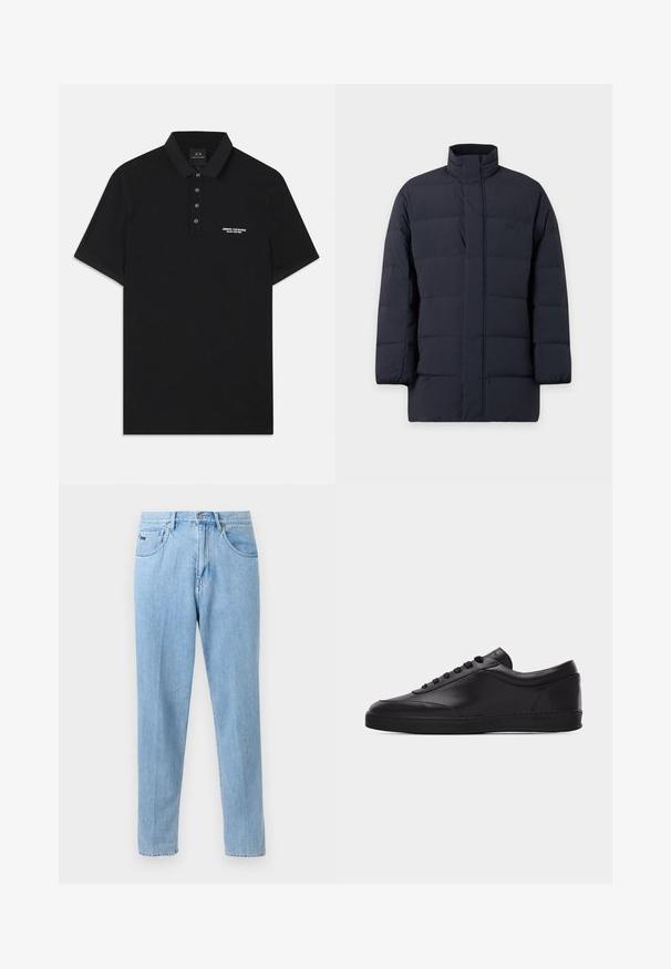 Manteau d’hiver matelassé bleu marine foncé avec col haut et fermeture éclair devant, conçu pour la chaleur et la protection contre le froid.; Polo noir en coton, avec un col standard, une patte de boutonnage à trois boutons et un petit logo blanc "Armani Exchange" sur le côté gauche.; Jean en denim bleu clair à coupe droite avec poches avant, passants de ceinture et fermeture à bouton sur un fond neutre.; Baskets basses en cuir noir avec lacets sur le devant et semelle en caoutchouc plate, vues de côté sur un fond blanc uni.