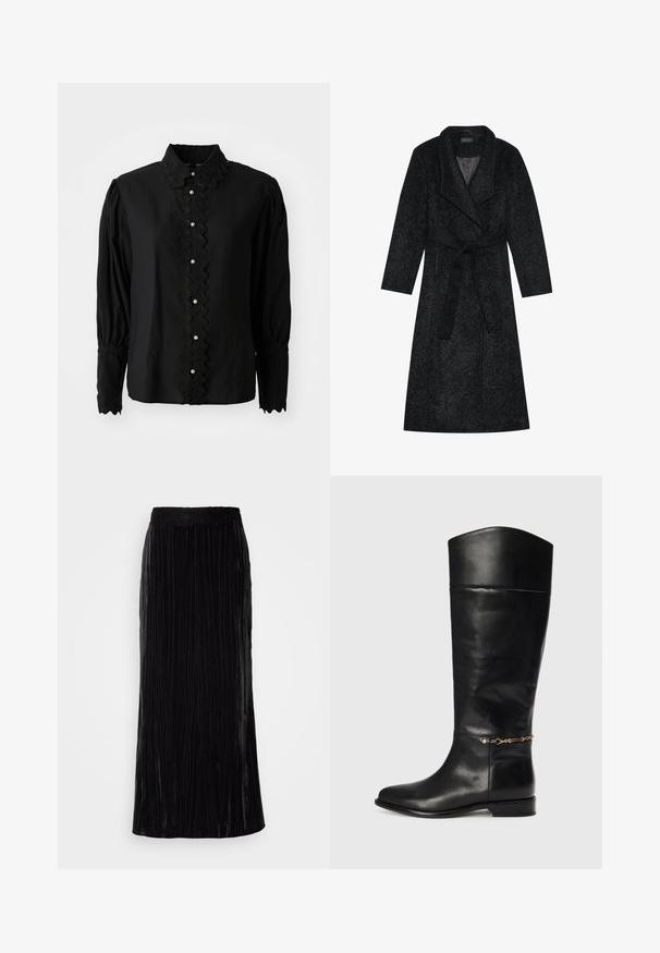 Schwarzer Wickelmantel aus strukturiertem Stoff, mit tiefem Schalkragen, langen Ärmeln und einem passenden Gürtel, ausgestattet mit Seitentaschen und einem mittellangen Design.; Schwarze Bluse mit langen Ärmeln, die einen gewellten Kragen und eine Knopfleiste mit Perlenakzenten aufweist. Hergestellt aus leichtem Stoff mit strukturierten Details.; Schwarzer Samt-Maxi-Rock mit vertikalen Falten und einem gewellten Spitzensaum. Der Stoff hat ein weiches, strukturiertes Aussehen.; Schwarze Leder-Stiefel bis zum Knie mit geradem Design, abgerundeter Spitze, niedrigem Absatz und einer goldenen Kettenakzentuierung am Knöchel. Glatte Textur.