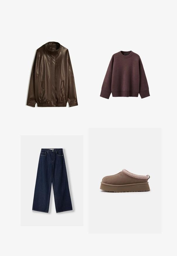 Brun læderjakke med høj krave, sidelommer og elastisk afslutning. Glat tekstur med en let glinsende overflade.; Løs pasform sweater i mørk bordeaux, lavet af blødt strikket stof. Har en ribstrikket rund hals, vide ærmer og en ribstrikket kant.; Mørkeblå vidde denimjeans med knap- og lynlås foran, forlommer og bæltestropper, lagt fladt på en hvid baggrund.; Brun slip-on sko med tyk sål, lyserød og hvid mønstret kant rundt om åbningen og UGG-logoet på siden.