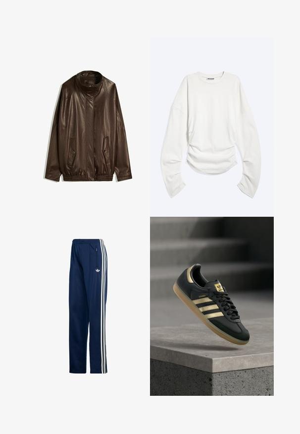 Brun læderjakke med høj krave, sidelommer og elastisk afslutning. Glat tekstur med en let glinsende overflade.; Hvid langærmet crewneck-shirt med rynkedetaljer i taljen og en afslappet pasform, mærket "WEEKDAY" inde i kraven.; Mørkeblå atletiske bukser lavet af et glat, let stof, med tre hvide striber på siden og en lynlåslomme på siden.; Sort Adidas Samba-sneaker med gulstriber og gummisål, der svæver over en betongflade med slørede trapper i baggrunden.