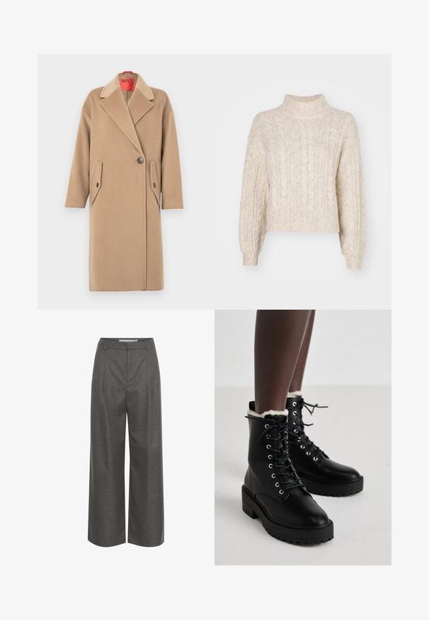 Beige wollen overcoat met een nietched kraag, enkele knoopsluiting en twee schuine opgestikte zakken. Zachte textuur, rechte silhouet.; Crème-kleurige cropped trui met een hoge nek, met een getextureerd kabelbreipatroon en lange, iets pofmouwen.; Grijze wijde broek van textuurstof, met een hoge taille en verticale plooien, zonder zichtbare zakken of hardware details.; Zwarte veterschoenen tot de enkel met stevige zolen en witte fleece voering, gedragen door een persoon die op een lichte vloer staat.