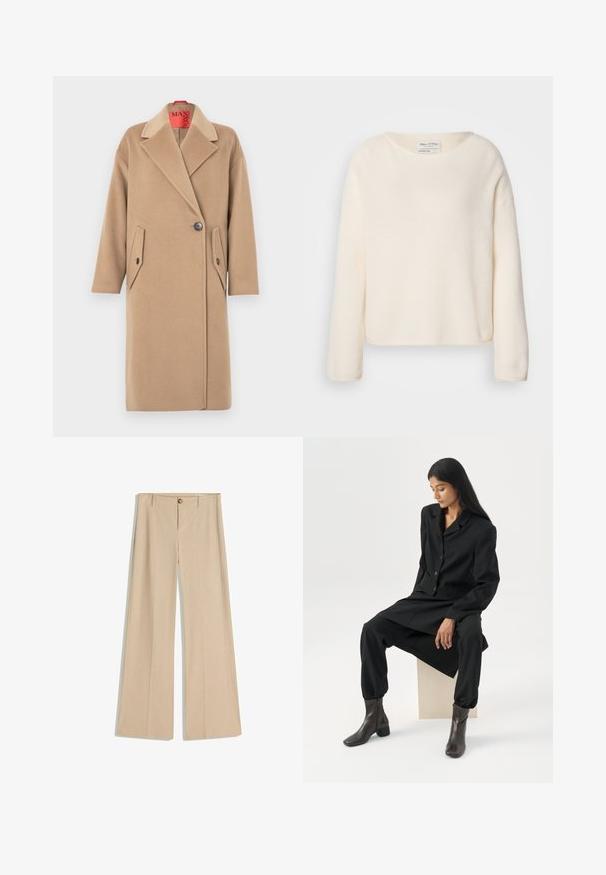 Beiger Wollmantel mit Kerbkragen, Ein-Knopf-Verschluss und zwei schräg angesetzten Pattentaschen. Weiche Textur, gerade Silhouette.; Cremefarbener Pullover mit rundem Ausschnitt, überschnittenen Schultern und langen Ärmeln. Weicher, strukturierter Stoff mit leicht verkürztem Schnitt.; Beige Hosen mit weitem Bein und Nadelstreifenmuster, vorn mit Knopfverschluss und Gürtelschlaufen. Glatte Textur mit maßgeschneidertem Finish.; Frau mit langen dunklen Haaren sitzt, trägt einen lockeren schwarzen Blazer, passende weite Hosen und dunkle Stiefeletten vor einem schlichten weißen Hintergrund.