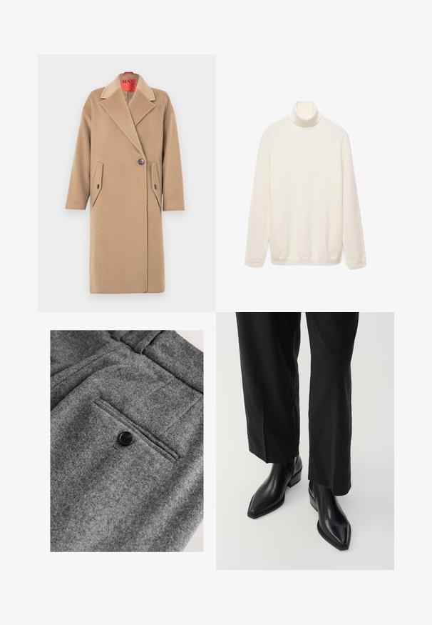 Beige uldfrakke med hakket krave, enkelt knaplukning og to skrå lommer med lapper. Blød tekstur, lige silhuet.; Cremefarvet turtleneck sweater, lavet af et blødt strikstof. Har lange ærmer og en ribbet krave. Enkel, uornamenteret design.; Grå uldbukser med flad front, en enkelt baglomme med en sort knap og en blød, tekstureret finish.; Sorte læder ankelstøvler med spids tå, glat tekstur og firkantet hæl. Kombinationen med sorte, vide bukser skaber en slank silhuet.