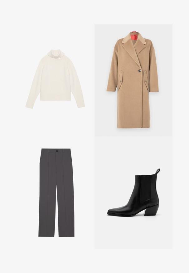 Beige uldfrakke med hakket krave, enkelt knaplukning og to skrå lommer med lapper. Blød tekstur, lige silhuet.; Lyscreme turtleneck sweater med ribbet tekstur, raglanærmer og tætsiddende kant. Blødt materiale og afslappet silhuet.; Grå bukser med lige ben design, der har to side lommer og en knaplukning. Glat stof uden synlige mønstre eller detaljer.; Sorte læder ankelstøvler med spidse tæer, elastiske sidepaneler og en lav blokhæl. Har en pull-tab ved hælen for nem påtagning.