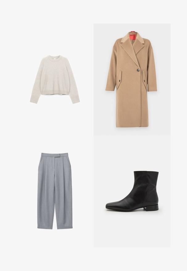 Manteau en laine beige avec un col cranté, une fermeture à bouton unique et deux poches plaquées inclinées. Texture douce, silhouette droite.; Pull court gris clair en tissu tricoté doux, avec un col rond, des poignets côtelés et une coupe décontractée.; Pantalon gris avec un design sur mesure, comprenant des plis, des poches latérales et une coupe droite. Texture lisse et taille mi-haute.; Botte cheville en cuir noir avec un bout pointu, texture lisse, design minimaliste et un petit talon carré. La fermeture éclair sur le côté monte jusqu'à la cheville.
