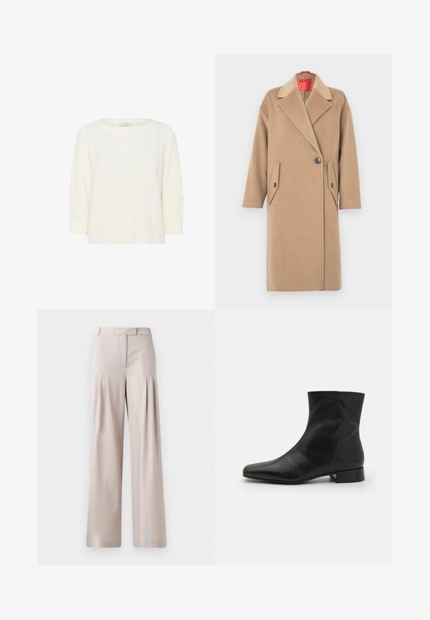 Abrigo de lana beige con cuello de solapa, cierre de un solo botón y dos bolsillos parche inclinados. Textura suave, silueta recta.; Kaffe KABETTY - Jersey de punto - chalk cc; Pantalones de pierna ancha en color beige con una textura suave, diseño con pliegues en la parte delantera y una cintura ajustada. Aptos para ocasiones formales o informales.; Botín negro de cuero hasta el tobillo con punta afilada, textura suave, diseño minimalista y tacón bajo en bloque. La cremallera lateral sube hasta el tobillo.