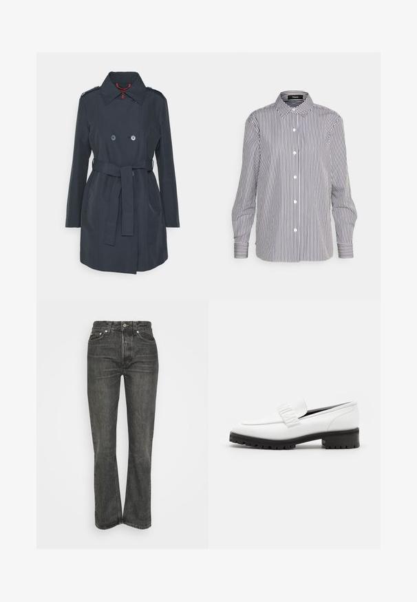 Trench coat azul marino en tejido ligero con un diseño de doble botonadura, cintura con cinturón y charreteras en los hombros.; Theory NEW STRAIGHT - Blusa - pestle multi; Vaqueros negros de talle alto con corte recto. Cuenta con un diseño clásico de cinco bolsillos y herrajes plateados. Tejido de mezclilla texturizada.; Elleme CHOUCHOU SQUARE LOAFER - Zapatos sin cordones - white