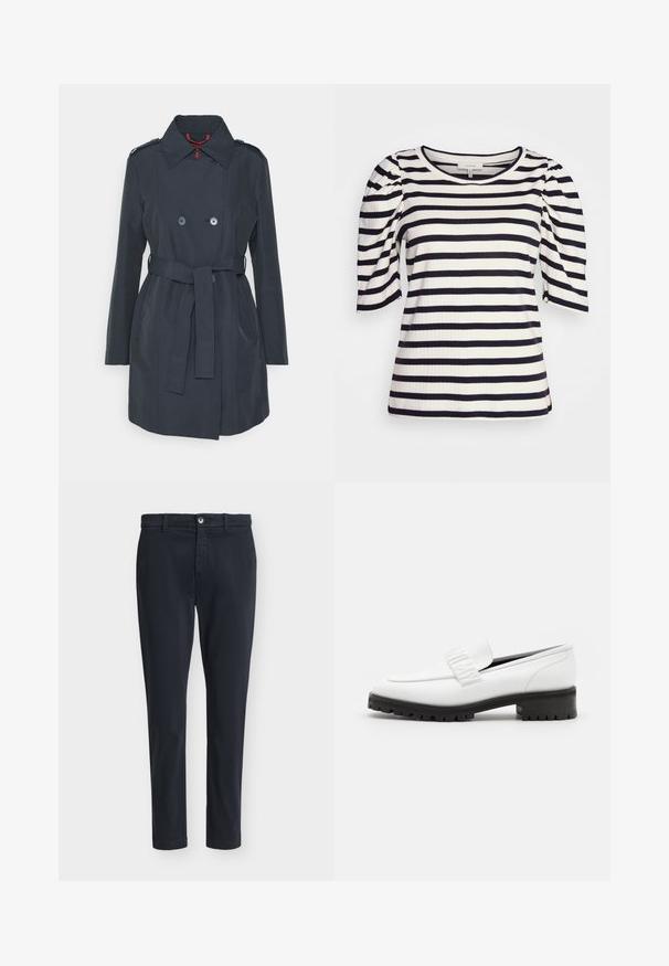 Trench-coat bleu marine en tissu léger, avec un design à double boutonnage, une taille ceinturée et des épaulettes.; Haut en jersey rayé avec des manches courtes bouffantes. Il présente des rayures horizontales bleu marine et blanches ainsi qu'un col rond. Tissu à côtes texturé.; Pantalon décontracté slim fit pour homme en bleu marine foncé avec fermeture à boutons et passants pour ceinture, présenté sur un fond gris clair uni.; Elleme CHOUCHOU SQUARE LOAFER - Chaussons - white