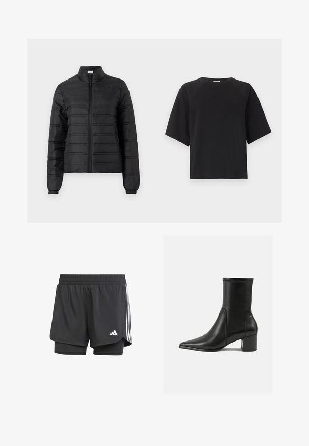 Sort quiltet jakke med lynlås, høj krave, elastiske manchetter, sidelommer og vandrette syninger på ærmer og krop.; Sort T-shirt med korte ærmer og rund hals, afslappet pasform og enkel design, vist mod en ensfarvet hvid baggrund.; Sorte atletiske shorts med indre lag, elastisk talje og hvide tre striber på siderne, der har et lille hvidt logo. Glat tekstur.; Sorte ankelstøvler lavet af glat læder, med spids tå, en blokhæl og markant hævet syning ved den øverste kant.
