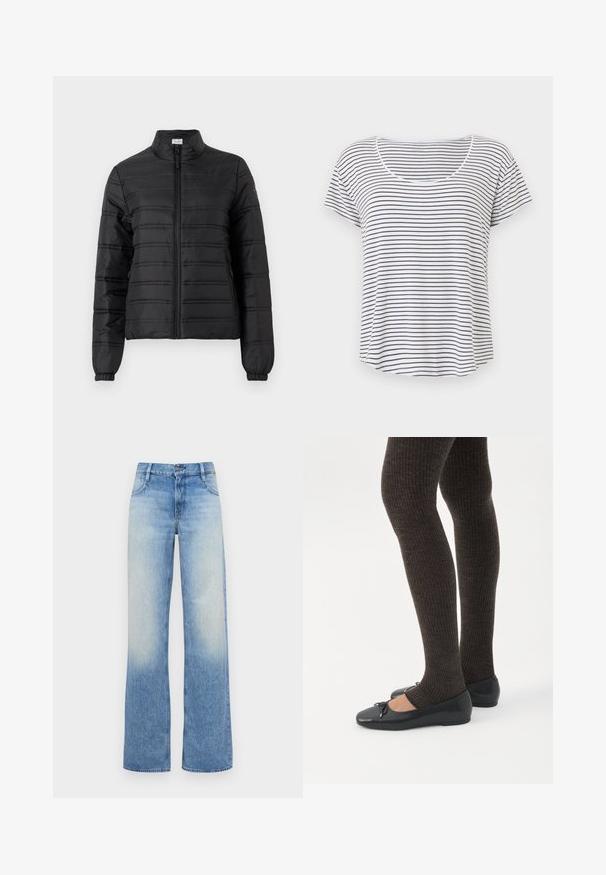 Zwarte doorgestikte jas met rits en hoge kraag, elastische manchetten, zijzakken en horizontale stiksels op mouwen en lichaam.; Wit T-shirt met korte mouwen met dunne zwarte horizontale strepen en een ronde hals, getoond tegen een effen witte achtergrond.; Lichtblauwe hoge taille wijde jeans met een vervaagd uiterlijk. Beschikt over vijf zakken en een knoopsluiting aan de tailleband.; Benen met donkere geribbelde leggings gecombineerd met zwarte ballerina's met kleine strikdetails op een witte achtergrond.