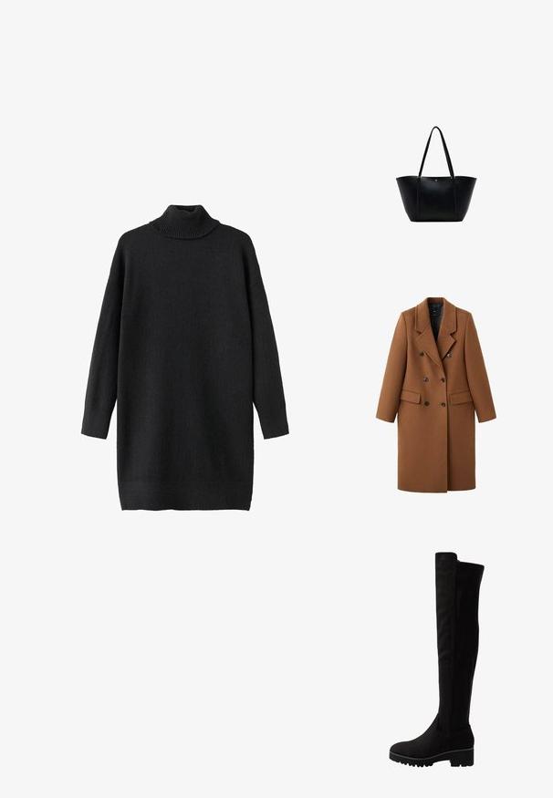 Manteau croisé en mélange de laine marron avec de grands boutons noirs, revers à encoche, deux poches avant et manches longues. Design structuré.; Un pull à col roulé noir en doux tricot texturé. Il possède une coupe ample et des manches longues, avec des accents côtelés au col et à l'ourlet.; Bottes noires au-dessus du genou en suede doux avec une semelle plate, dotées d'un bout rond et de panneaux élastiques sur les côtés pour un enfilage facile.; Sac fourre-tout noir avec deux anses fines, surface texturée et un petit accent métallique rond près du centre supérieur.
