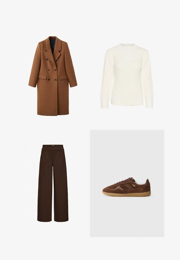 Brun frakke i uldblanding med dobbeltradede knapper i sort, hakrevers, to forlommer og lange ærmer. Struktureret design.; Chunky strikket hvid sweater med rund halsudskæring, tekstureret mønster foran og ribbede manchetter og kant.; Brune vide bukser lavet af glat stof, med en høj talje og to frontfolder, designet til en løs pasform.; Brune ruskinds sneakers med teksturerede overflader, flade brune snørebånd og en gummisål. Har en hvid indvendig og subtil branding.