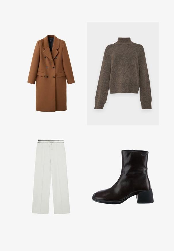 Brun frakke i uldblanding med dobbeltradede knapper i sort, hakrevers, to forlommer og lange ærmer. Struktureret design.; Brun, strikket sweater med høj krave og løs pasform. Den har lange ærmer og et blødt, struktureret stof.; Hvide bukser med vide ben, med sort-hvid stribet elastik i taljen og snøre, med forlommer og pressede sømme.; Vagabond ANSIE - Støvletter - braun