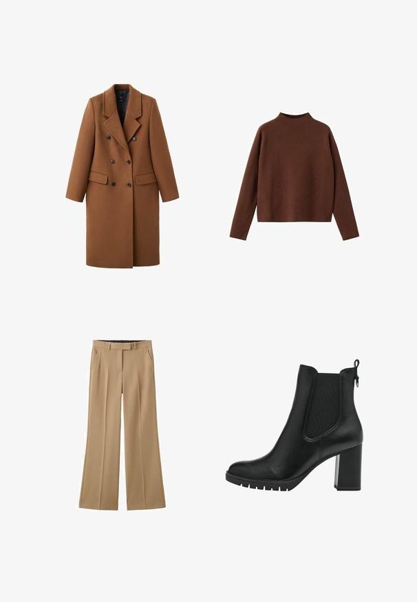 Brun frakke i uldblanding med dobbeltradede knapper i sort, hakrevers, to forlommer og lange ærmer. Struktureret design.; Kastanjebrun, langærmet sweater med en høj halsudskæring. Fremstillet af et blødt, tekstureret stof. Har en afslappet, kasseformet silhuet og et minimalistisk design.; Beige bukser med vide ben, bæltestropper, forlommer og skjult foranlukning, vist på en hvid baggrund.; Tamaris CHELSEA - Plateaustøvletter - black