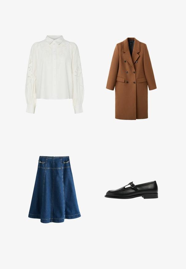 Abrigo cruzado de mezcla de lana marrón con grandes botones negros, solapas con muescas, dos bolsillos delanteros y mangas largas. Diseño estructurado.; Camisa blanca de botones con estampados florales bordados en el frente y las mangas. Cuenta con mangas abullonadas y un cuello clásico.; Falda vaquera azul oscuro de línea A con costuras verticales y hebillas plateadas decorativas cerca de la cintura, a la altura de la rodilla o un poco más abajo.; Mocasín de cuero negro con diseño de barra en T y detalle de hebilla, suela plana, textura suave y acentos de costura a lo largo de los bordes.