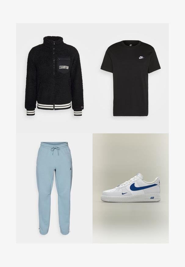 Musta fleece-takki, jossa on korkea kaulus, etuvetoketju ja brodeerattu logo-tasku. Rannekkeissa ja helmassa on raidallista resoria. Pehmeä, tekstuuri materiaali.; Mustapaita, jossa on lyhyet hihat, pyöreä kaula-aukko ja pieni valkoinen Nike-logo vasemmassa ylärinnassa. Sileä rakenne. Klassinen malli.; Vaatekankaita pehmeistä materiaaleista valmistetut vaaleansiniset verkkarit, joissa on joustava vyötärönauha ja kiristysnauha, sivutaskut sekä pieni musta logo reiden kohdalla.; Valkoinen Nike Air Force 1 -tennarit sinisillä swoosh-logolla ja "AIR" tekstillä pohjassa, sivulta kuvattuna neutraalilla taustalla.