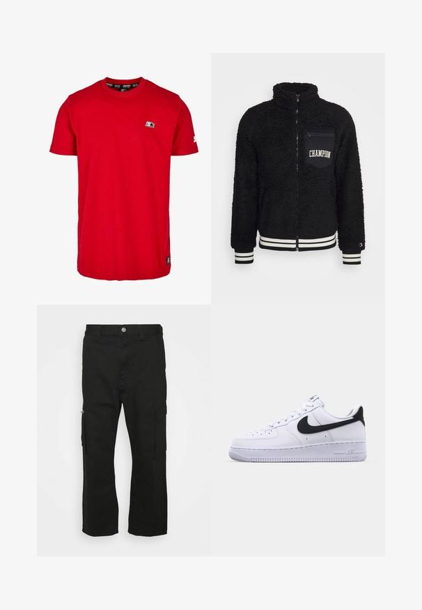 Sort fleecejakke med høj krave, frontlynlås og broderet logofor lommen. Har stribede ribkanter ved håndled og kant. Blødt, struktureret materiale.; Rød bomulds t-shirt med rund hals, korte ærmer og et lille sort logo på venstre bryst og ærme. Glat, ensfarvet stof.; Sorte cargo-bukser lavet af slidstærkt stof, der har flere lommer, et lige ben-design og en standard talje med en metalknap.; Hvide lædersneakers med en struktureret sort Swoosh, flade snørebånd og en gummisål med et rillemønster. "AIR" er præget på hælen.
