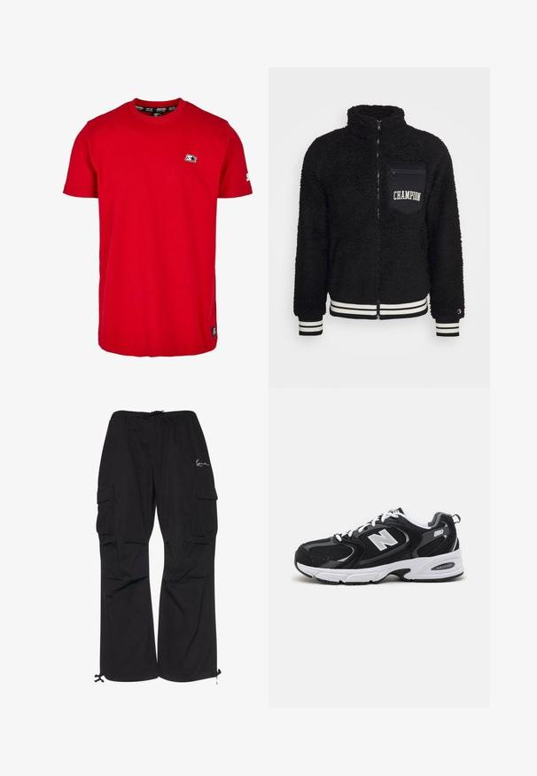 Schwarze Fleecejacke mit hohem Kragen, Frontreißverschluss und gestepptem Logo-Taschen. Mit gestreiftem Rippstrick an den Bündchen und dem Saum. Weiches, strukturiertes Material.; Rotes Baumwoll-T-Shirt mit Rundhalsausschnitt, kurzen Ärmeln und einem kleinen schwarzen Logo auf der linken Brust und dem Ärmel. Glatte, einfarbige Stoffqualität.; Schwarze Cargo-Hosen aus leichtem Material, mit elastischem Bund und Kordelzug, seitlichen Taschen und verstellbaren Bündchen.; Schwarze und graue Sportschuhe mit Obermaterial aus Mesh und Wildleder, ausgestattet mit einer weißen Zwischensohle, Schnürsenkeln und einem markanten "N"-Logo an der Seite.